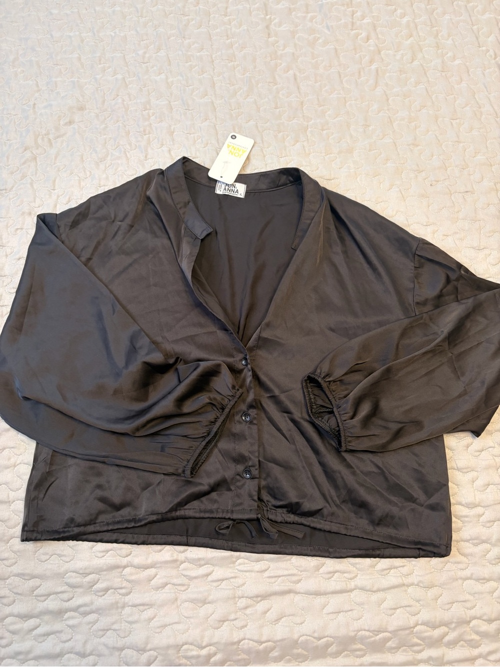 Cropped Black Satin Button-Front Blouse
